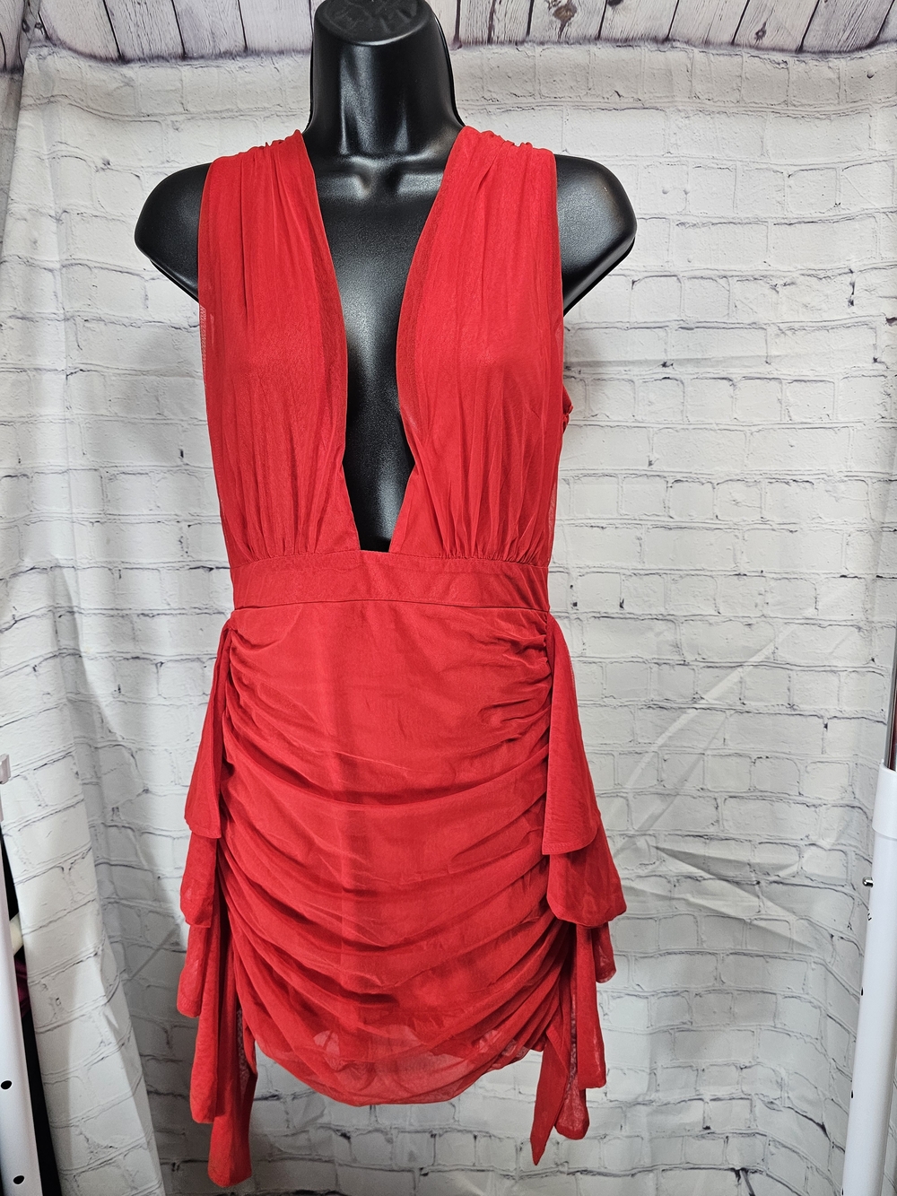 Fashion Nova Red Deep V Ruched Mini Dress